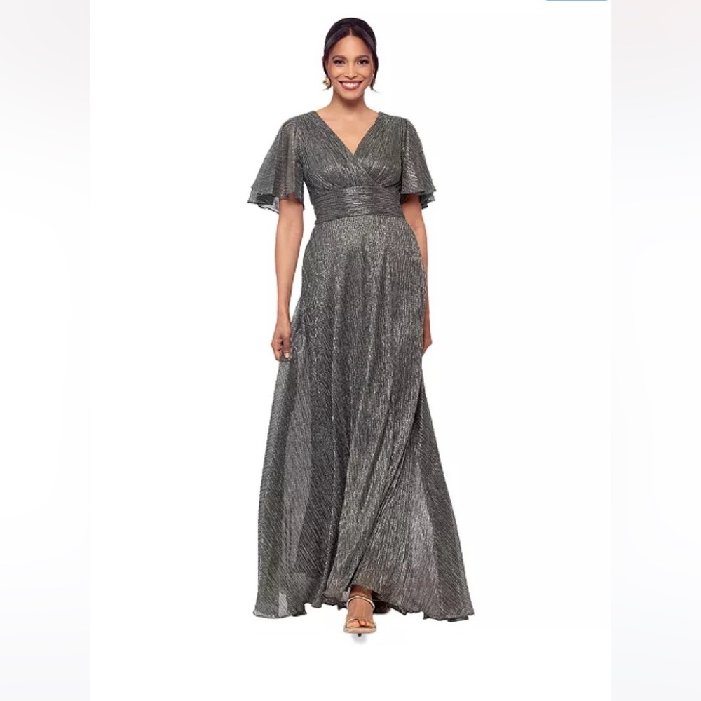 Betsy & Adam metallic sheen silver black mog mob wedding formal Gown size 8 NWT